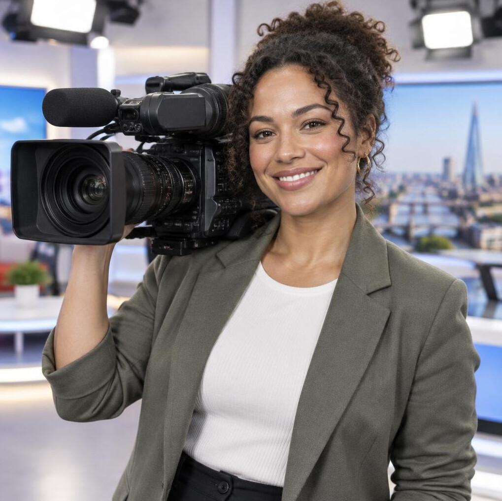British media presenter holding a professional video camera in a studio