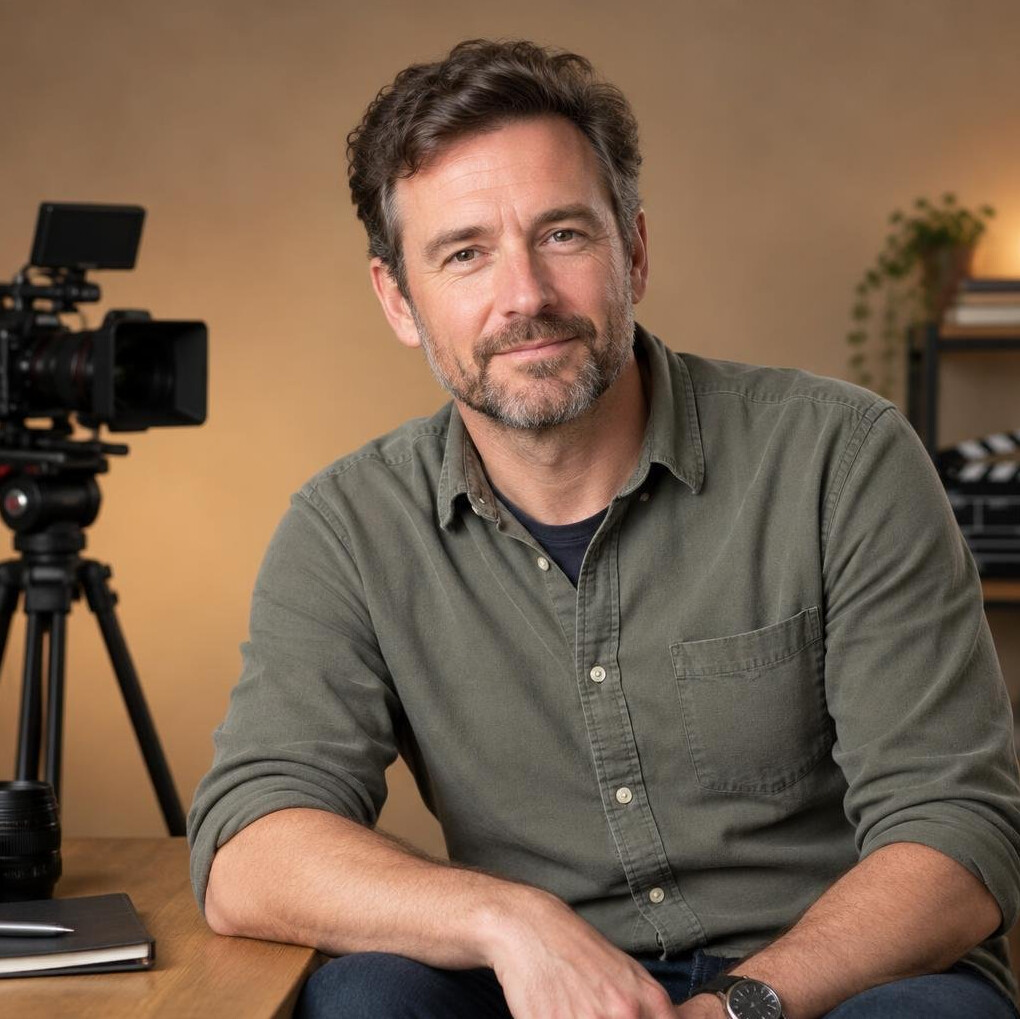White British man camera instructor portrait in studio
