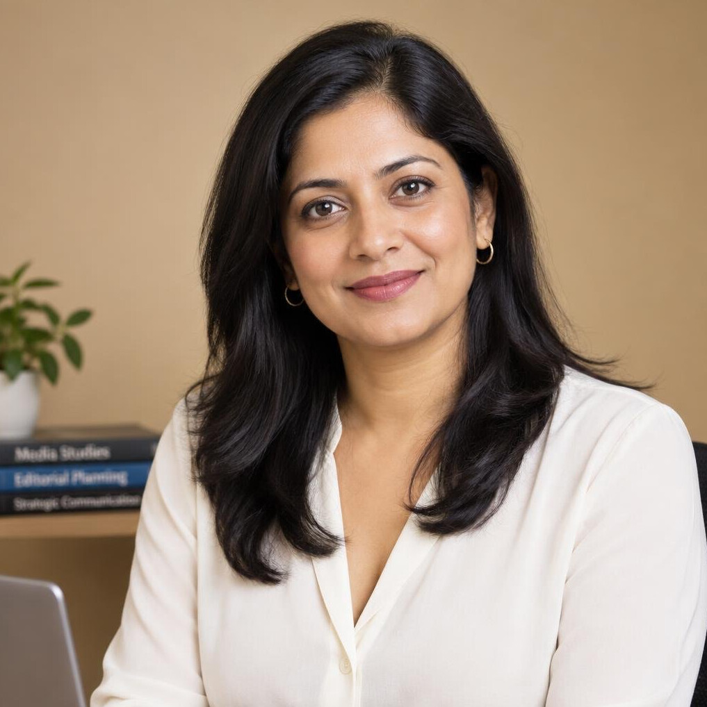 South Asian woman media lecturer smiling in a studio setting