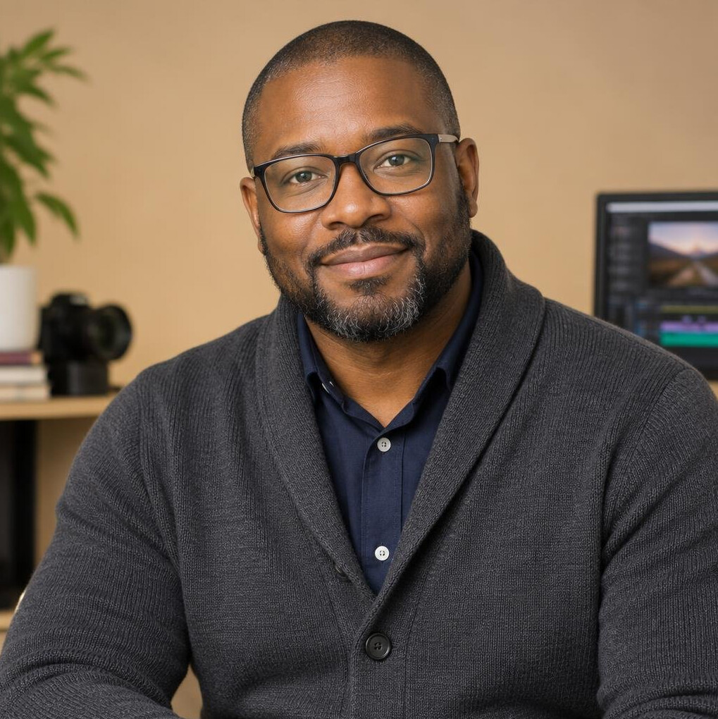 Black British man workflow instructor portrait in studio