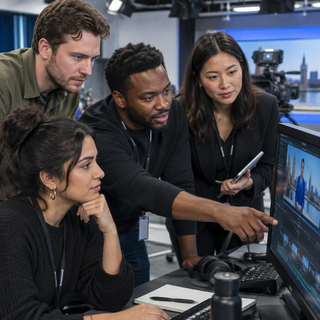 Diverse media production team reviewing footage together in a studio