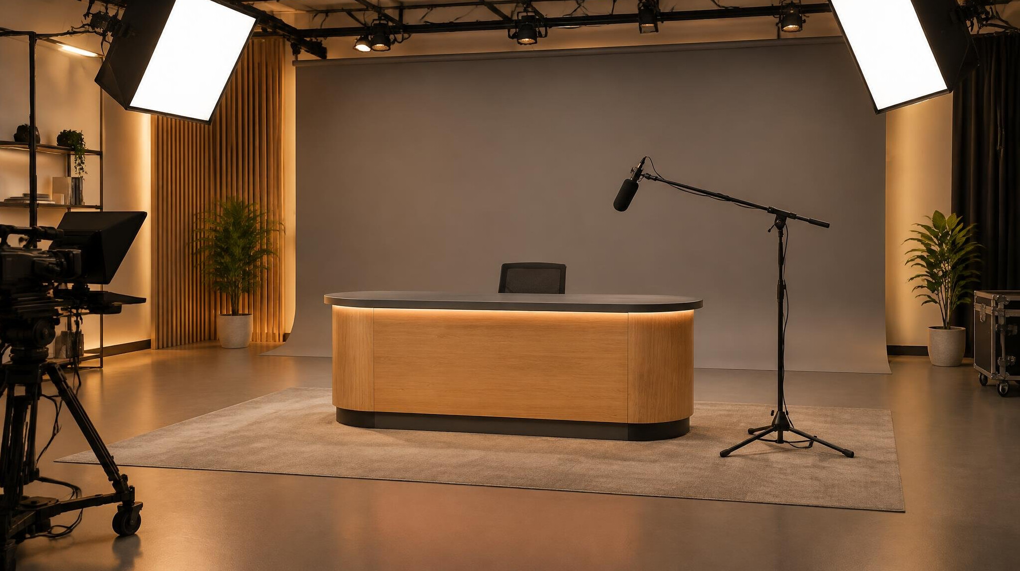 Empty broadcast studio with lighting rig and backdrop ready for filming